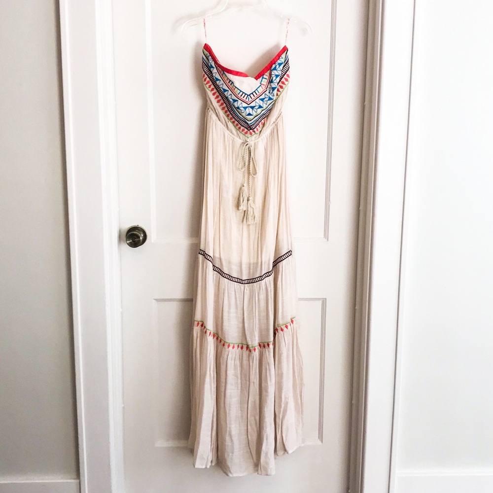 White embroidered strapless maxi dress